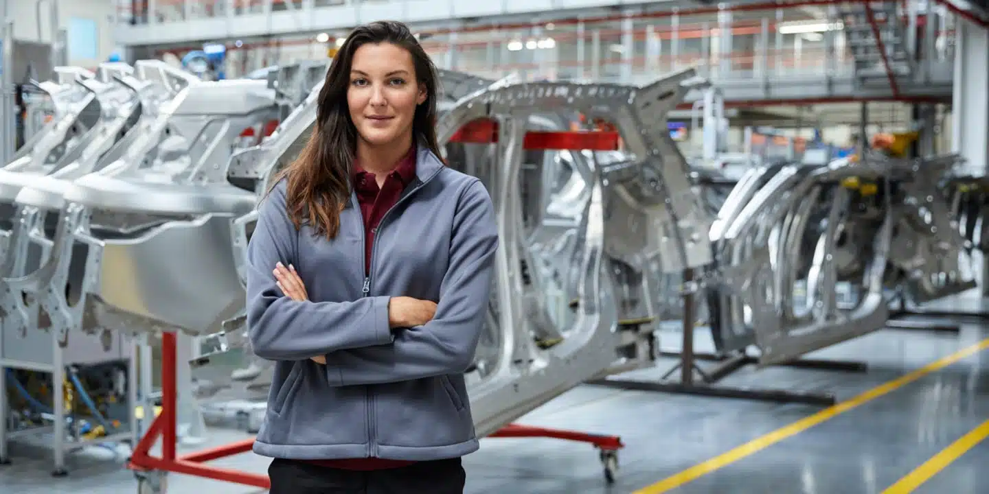 Portrait of female engineer standing against car chassis. Confident technologist is smiling in automobile industry. She is with arms crossed in factory.