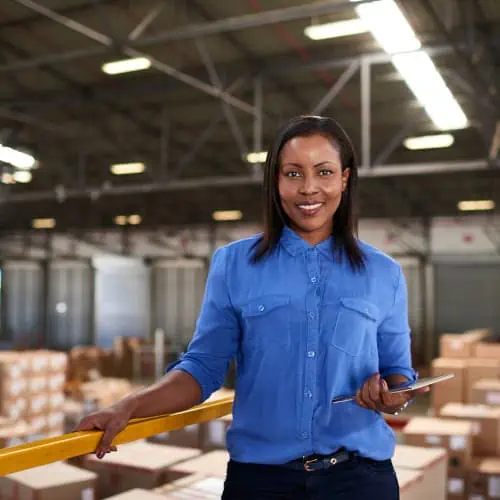 lady in warehouse