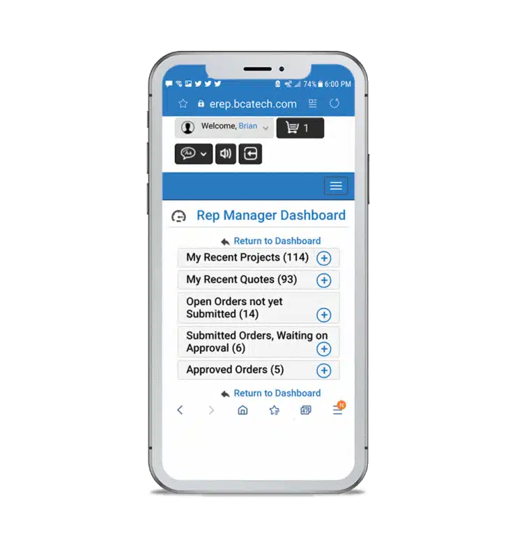 A smartphone showcases the Rep Manager Dashboard for eRep products, featuring sections for projects, quotes, open orders, submitted orders, and approved orders.