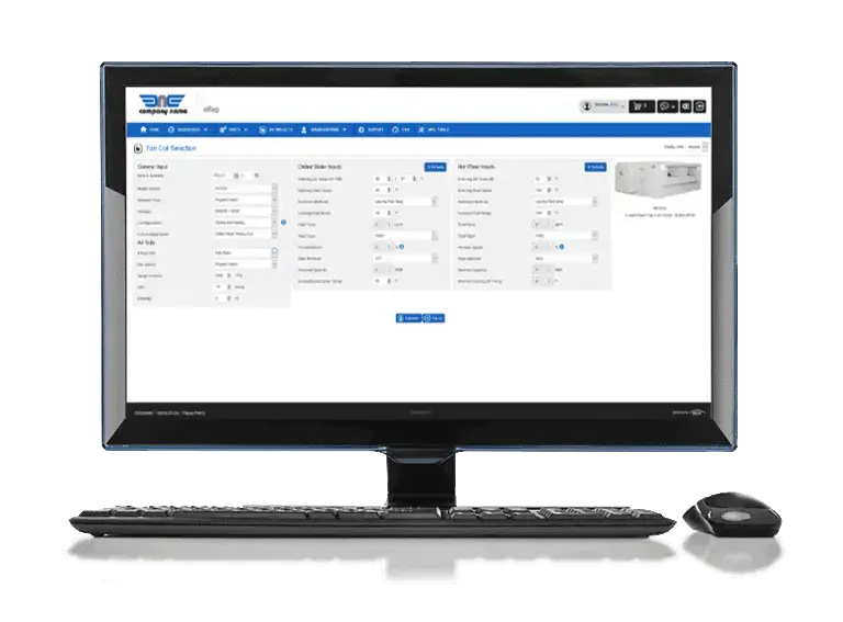 A desktop computer showcases an online tool for configuring settings using the eRep Plug-In. The screen displays various numerical input fields and options, with a keyboard and mouse positioned in front of the monitor.