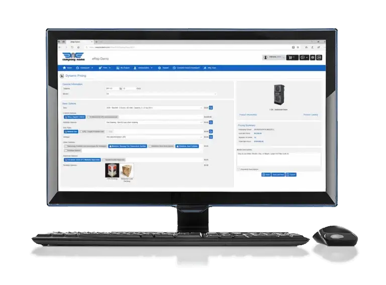 A computer monitor showcases a software interface for dynamic pricing, featuring the eRep Product Selector with text fields and options, accompanied by a keyboard and mouse.