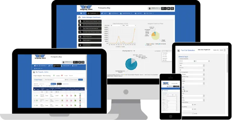 A variety of devices, showcasing eRep products, display a sales management dashboard with charts and data tables on a computer monitor, laptop, tablet, and smartphone.