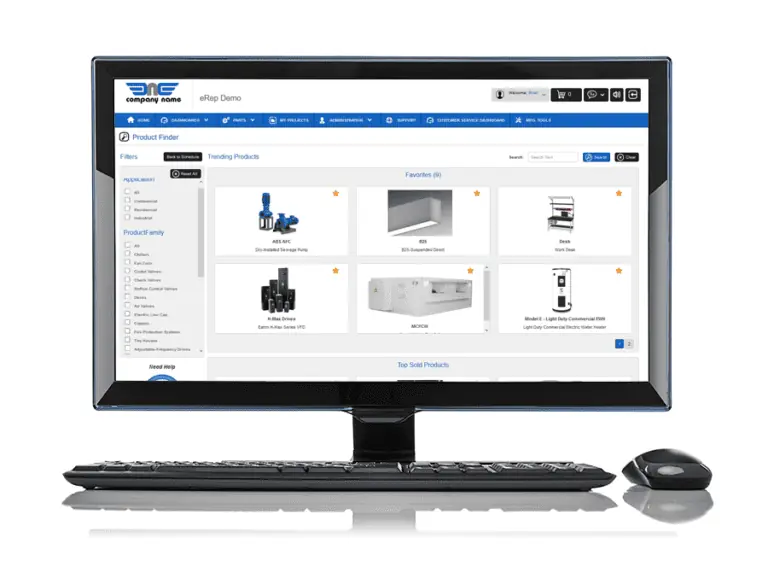 A computer monitor showcases an e-commerce website interface featuring product listings of industrial equipment and tools, seamlessly integrated with eRep CPQ Software. A keyboard and mouse rest in front, completing the setup.