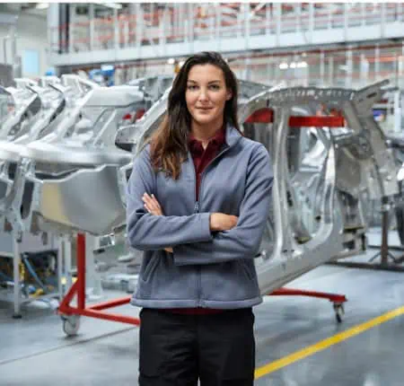 Woman standing in front of car parts