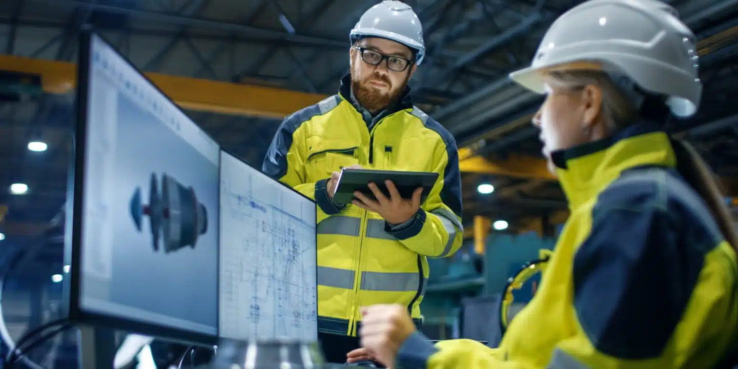 Two engineers in safety gear collaborate in a factory setting. One reviews 3D visualizations of product configurations on monitor screens, while the other inspects a tablet. Industrial equipment hums in the background.