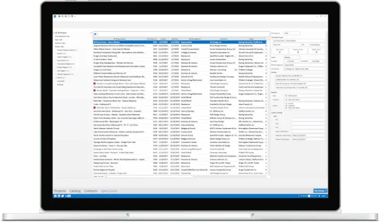 A laptop screen reveals a detailed software interface, showcasing a data table with various columns and a side menu designed for foodservice equipment reps.
