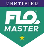 Certified Flo Master logo featuring a green background, a yellow star, and an exclusive nod to the Pipe-Flo course library.