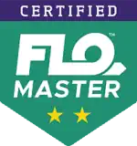 A logo with the text Certified Flo Master in white on a teal background, featuring two yellow stars below. This design echoes the prestige of mastering the Pipe-Flo course library.