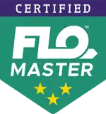 Green and purple logo featuring Certified FLO Master text with three yellow stars below, celebrating completion of the Pipe-Flo course.