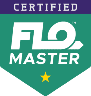 Green badge with a yellow star, labeled “Certified FLO Master” in white text on a teal background.