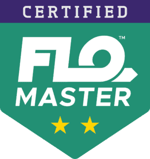 Certified FLO Master badge with two yellow stars on a green shield background.