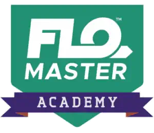 The logo of Flo Master Academy features a green shield and a purple banner with the word Academy, symbolizing excellence in flow management, akin to the expertise found within the Pipe-Flo Portal.