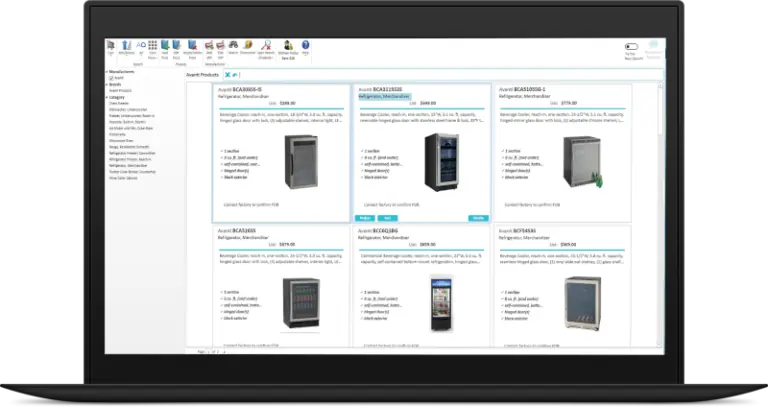 A laptop screen showcases a software interface, where foodservice equipment reps can browse multiple server products along with detailed specifications and images.