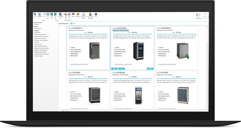 A laptop screen showcases a software interface, where foodservice equipment reps can browse multiple server products along with detailed specifications and images.