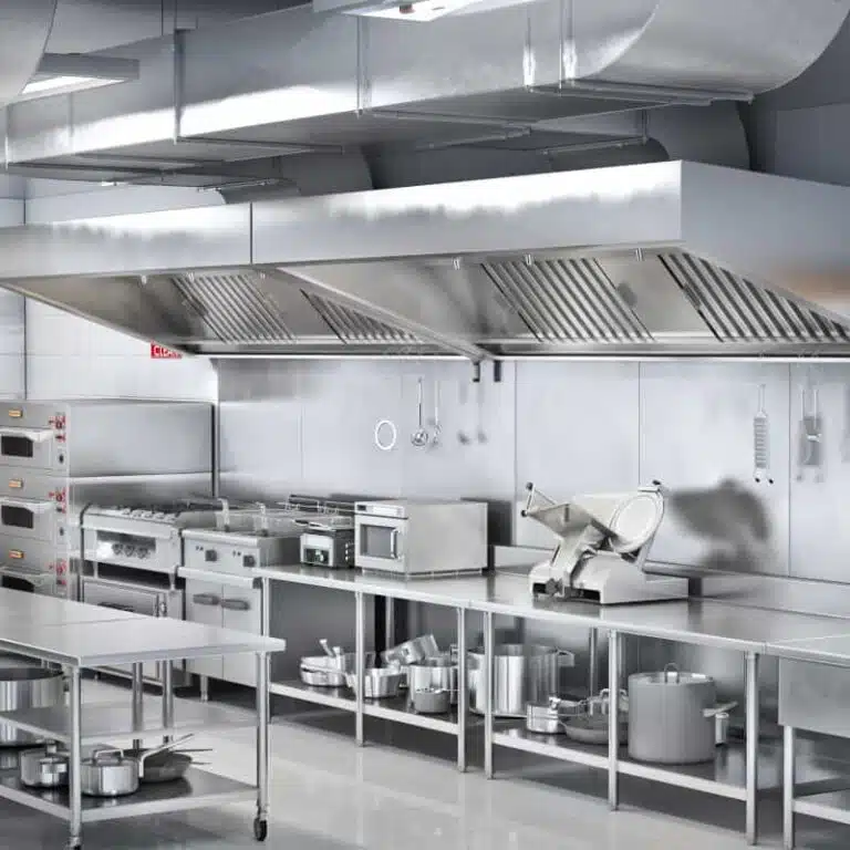 A commercial kitchen showcasing foodservice equipment design solutions features stainless steel appliances, countertops, and cookware, including ovens, stoves, microwaves, and ventilation hoods.