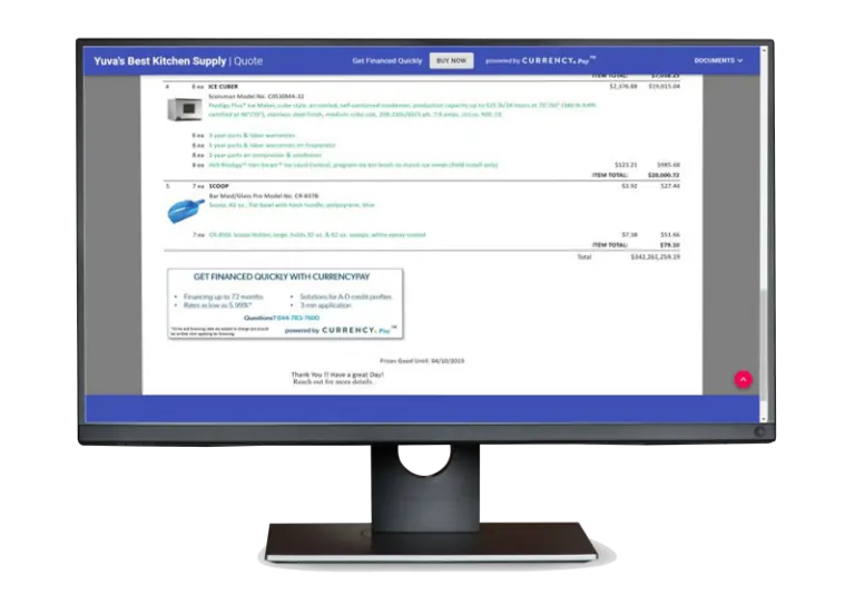 A computer monitor showcasing a detailed supply quote for kitchen equipment from Yuvas Best Kitchen Supply, a trusted name among foodservice equipment dealers.