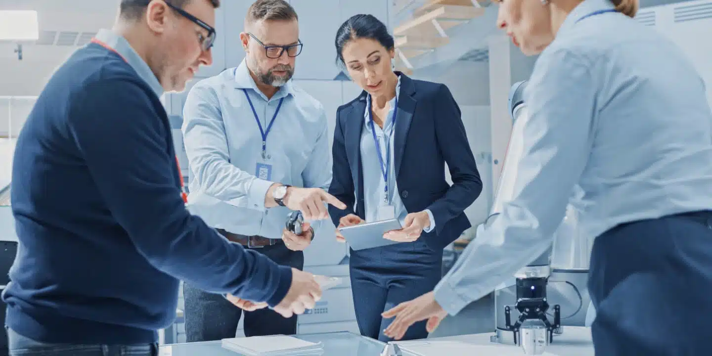 Four professionals in an office setting are immersed in a discussion about medical equipment planning. Two are using a tablet to review plans while the others hold documents. They all display ID badges, underscoring their roles in enhancing patient satisfaction through strategic decisions.