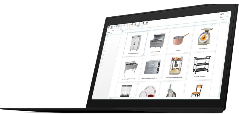 A sleek laptop showcases a catalog of kitchen equipment through the AQ CPQ platform, featuring vivid images of an industrial oven, colander, scale, and utility cart.
