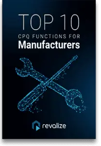 Das Titelbild zeigt einen digitalen Schraubenschlüssel und einen Schraubenzieher, die ein X bilden, und trägt den Titel Top 10 CPQ-Funktionen für Hersteller. Am unteren Rand steht das Logo von Revalize. Erfahren Sie, was CPQ-Software ist und wie sie die Effizienz in der Fertigung optimieren kann.