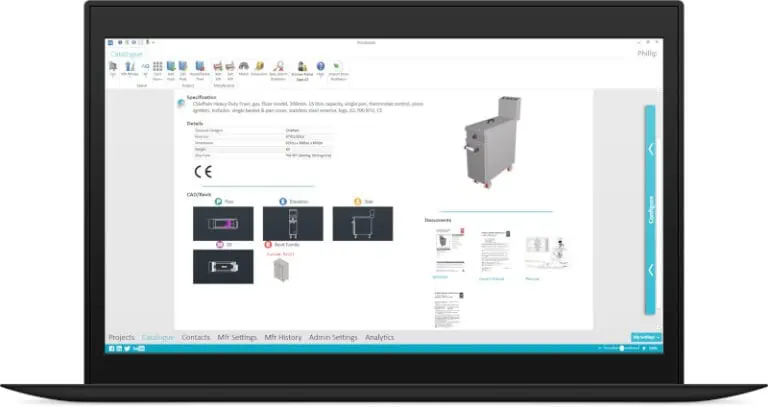 A laptop featuring an AQ CPQ interface showcases the catalogs product specifications, images, and documents for a gray equipment model.