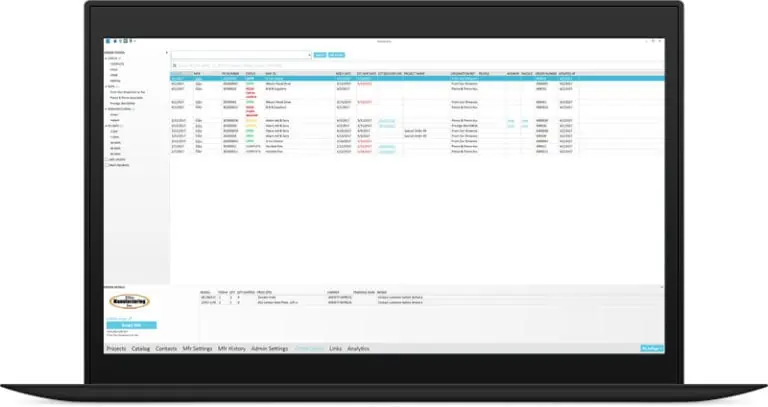 A laptop displaying the AQ CPQ software interface showcases a spreadsheet layout with columns, rows, and diverse data entries.