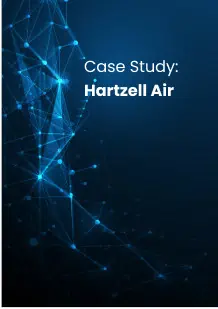Blauer Umschlag mit zusammenhängenden Linien und Punkten mit dem Titel Case Study: Hartzell Air, wie die CPQ-Software die Vertriebsprozesse des Unternehmens optimiert hat.