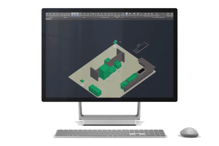 A computer display shows a 3D model in design software, crucial for foodservice equipment reps. A wireless keyboard and mouse rest in front of the monitor, ready for seamless interaction.
