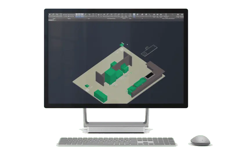 A computer display shows a 3D model in design software, crucial for foodservice equipment reps. A wireless keyboard and mouse rest in front of the monitor, ready for seamless interaction.