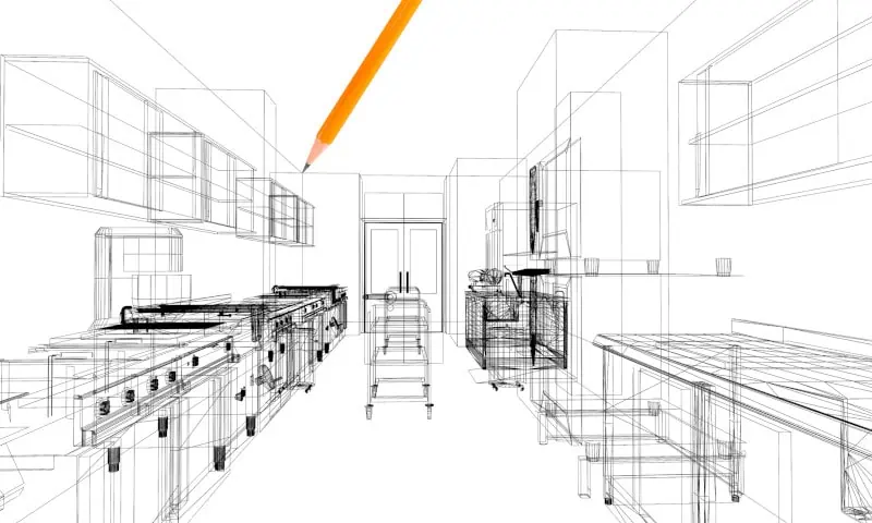 Wireframe sketch of a kitchen with a pencil above, showcasing foodservice equipment design solutions like appliances, cabinets, and countertops.