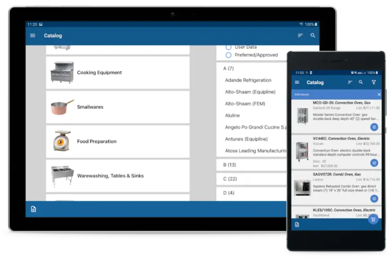 Tablet and smartphone displaying the sleek AutoQuotes Software interface, featuring a catalog app with categories like Cooking Equipment, along with intuitive icons for search and settings. Perfect for seamless software downloads on the go.