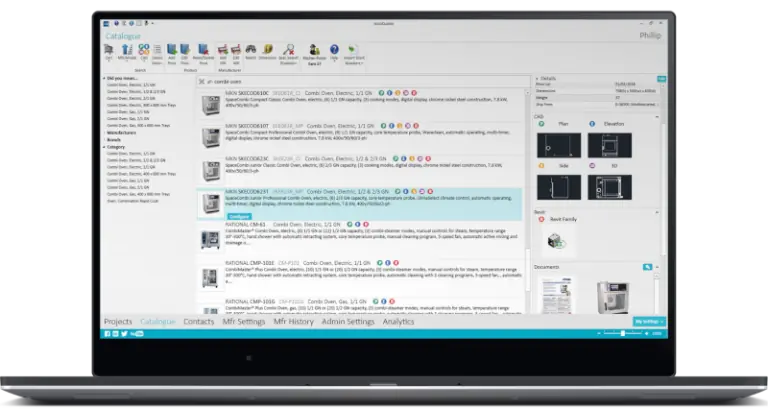 A sleek laptop showcases a software interface featuring AQ SKU management tools alongside a list of items, icons, and detailed information panels. The screen highlights efficient options for cataloging and project management functions.