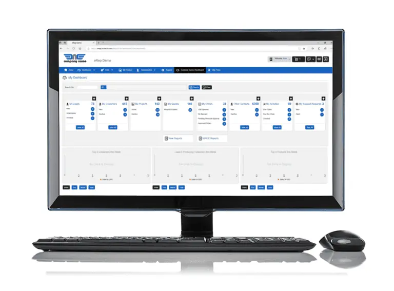 A computer monitor showcases an eRep for Manufacturers software dashboard, brimming with various information cards. A keyboard and mouse are neatly positioned in front of the screen.