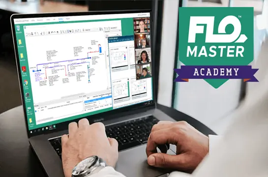 A person is using a laptop, expertly navigating flowchart software. The Flomaster Academy logo stands proud in the background, hinting at their proficiency in sophisticated tools like fluid simulation software.