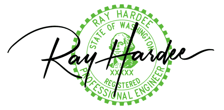 Green circular seal for a Washington State registered professional engineer featuring a black signature overlay, as detailed in the Fluid Master eBook.