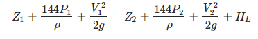 Equation featuring hydraulic head terms: Z1 + 144P1/ρ + V1²/2g = Z2 + 144P2/ρ + V2²/2g + HL, crucial for evaluating Net Positive Suction Head in pump systems.