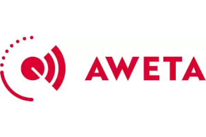Logo with a red swirling design and the text AWETA in red letters against a yellow and green background.