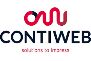 Logo showing Contiweb with a red abstract design above and the tagline solutions to impress below.