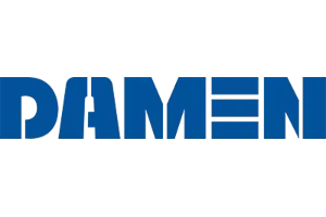Blue text logo of DAMEN on a white background.
