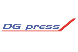 Logo with blue text DG press and a red swoosh underneath.
