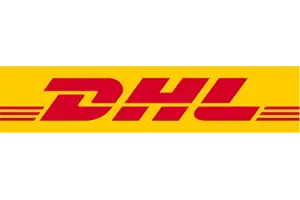 DHL logo with red text on a yellow background, featuring stylized horizontal lines.