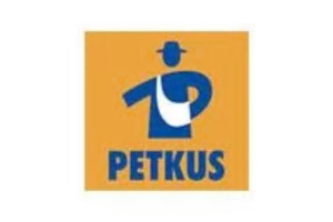 Logo with a stylized blue human figure holding a bag on an orange background; text below reads PETKUS.