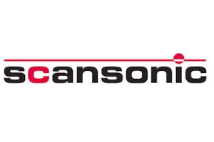Logo featuring the word Scansonic in black lowercase letters with red accents and a red dot above the i.