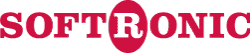 Logo featuring the word SOFTRONIC in bold red uppercase letters, designed by Axonom Partners. The letter R stands out in white, enclosed within a striking red oval.