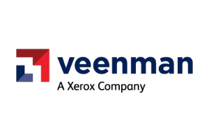 Logo with a geometric red and black symbol on the left and the word veenman in blue on the right.