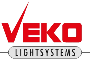 Logo with red VEKO and gray LIGHTSYSTEMS on a white background, featuring a red check mark above the E.