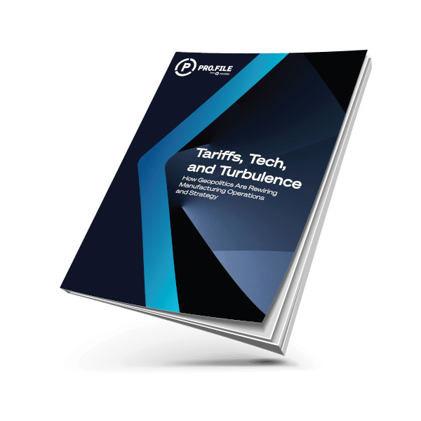 Angled view of a booklet titled Tariffs, Tech, and Turbulence: How Geopolitics Are Rewiring Manufacturing Operations and Strategy with a blue geometric cover design.