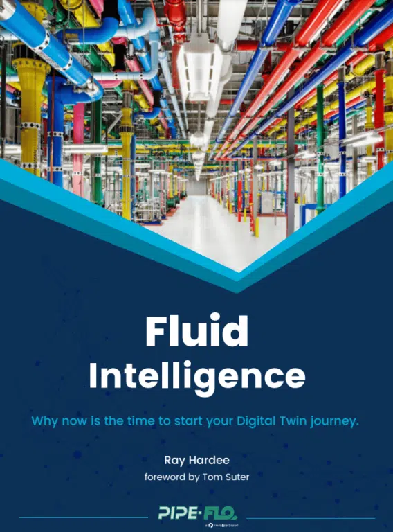 Colorful industrial pipes in a facility, with overlay text: Fluid Intelligence by Ray Hardee, foreword by Tom Suter. Discover how fluid simulation software enhances this vibrant scene.