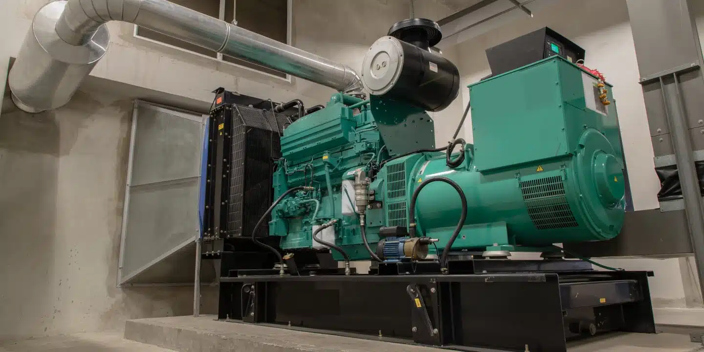 A large green industrial generator is artfully integrated indoors, connected to ventilation pipes. Mounted on a sturdy black base, this piece of industrial machinery CPQ seamlessly merges power and precision.