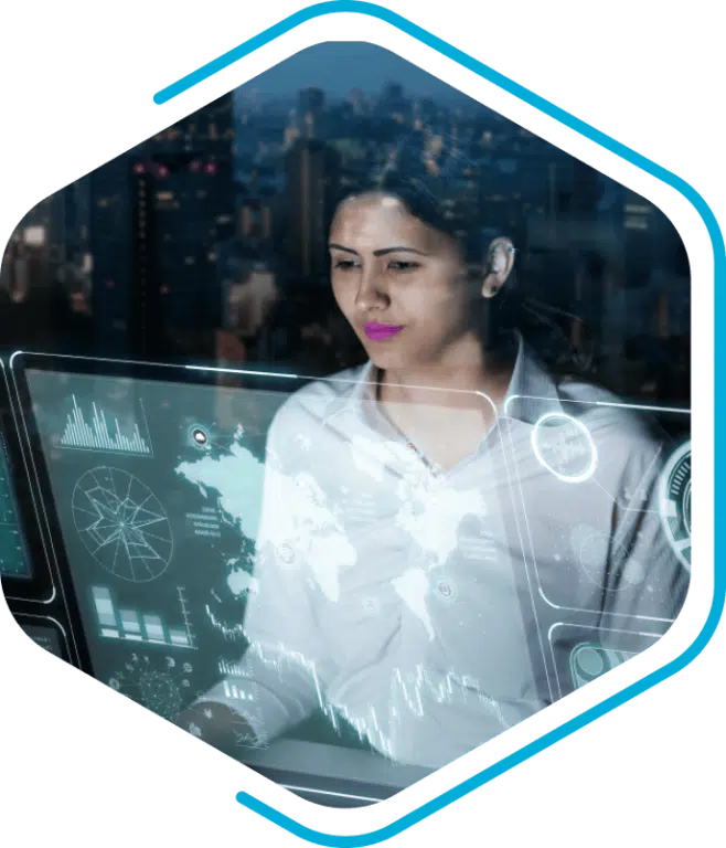 Amidst a cityscape backdrop, a person gazes at futuristic digital screens filled with intricate data visualizations and global maps, embracing the cutting-edge technology that scpq brings to life.