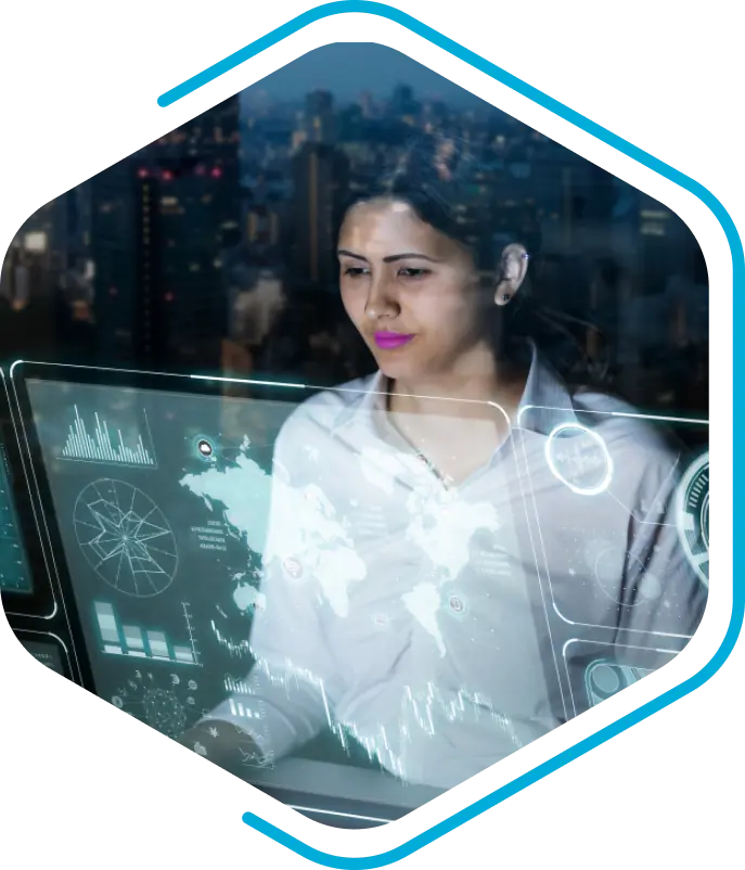 A person looks at a transparent screen displaying global data visualizations, including maps and graphs. Cityscape visible in the background.